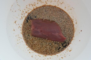 Marinado de atún rojo con arroz salvaje y shiitake